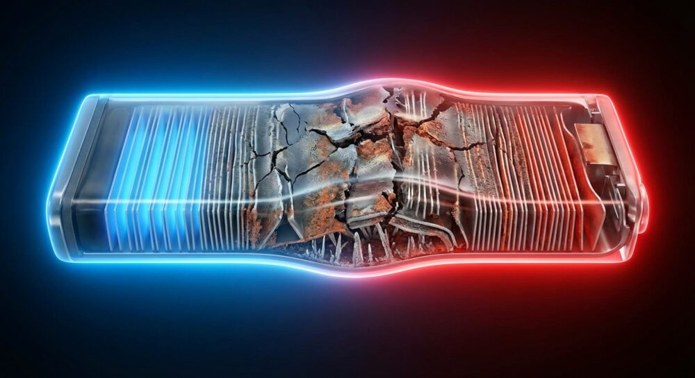 リチウムイオン電池はなぜ劣化する？温度×電圧が招く“加速現象” のイメージ